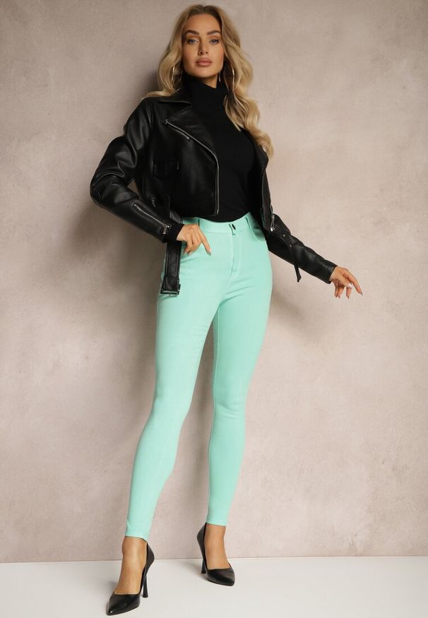 Renee - Miętowe Skinny Jeansy z Bawełną High Waist Lorie. Okazja: na co dzień. Stan: podwyższony. Kolor: zielony. Styl: elegancki, wizytowy, casual