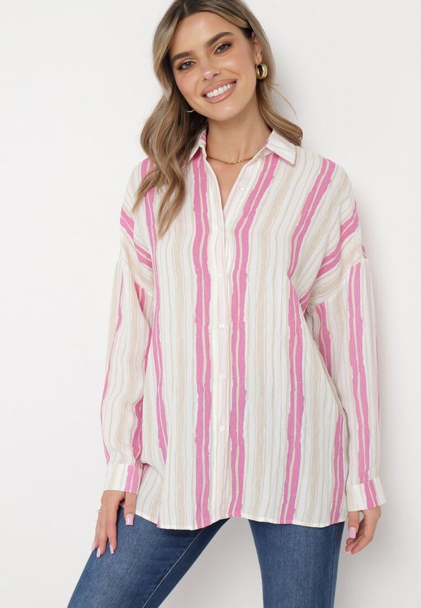 Born2be - Beżowo-Fuksjowa Bawełniana Koszula w Paski o Luźnym Kroju Lievan. Kolor: różowy. Materiał: bawełna. Wzór: paski. Sezon: lato
