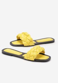 Renee - Żółte Klapki Hessie. Nosek buta: otwarty. Kolor: żółty. Materiał: jeans. Wzór: kwiaty, aplikacja #5