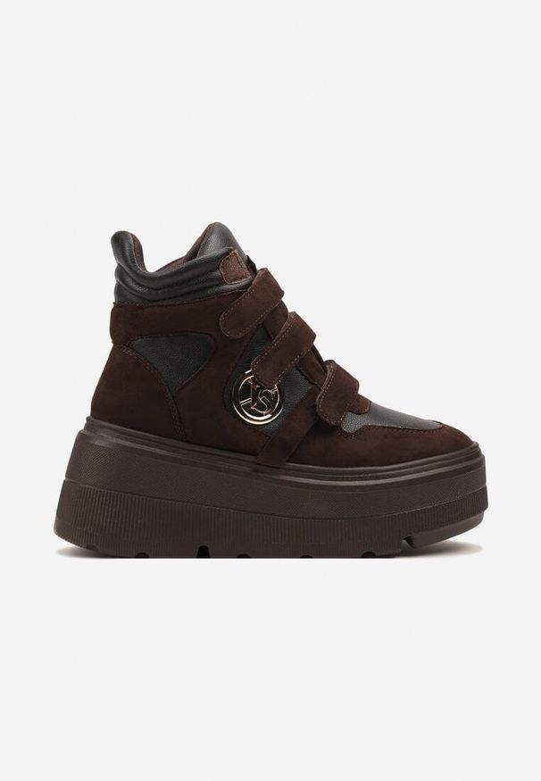 Renee - Brązowe Botki Sneakersy Vices na Platformie w Stylu Y2K Gelira. Okazja: na co dzień. Zapięcie: rzepy. Kolor: brązowy. Materiał: jeans. Wzór: aplikacja. Sezon: lato. Obcas: na platformie