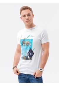 Ombre Clothing - T-shirt męski z nadrukiem S1434 V-14A - biały - XXL. Kolor: biały. Materiał: bawełna. Wzór: nadruk. Styl: klasyczny