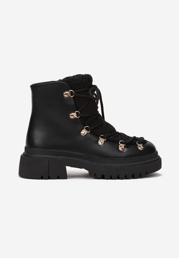 Renee - Czarne Traperki Venantia. Wysokość cholewki: za kostkę. Zapięcie: sznurówki. Kolor: czarny. Materiał: futro, materiał. Szerokość cholewki: normalna