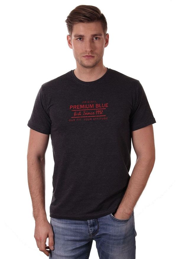 Grafitowa Koszulka Męska z Nadrukiem, Krótki Rękaw, Just Yuppi, Melanżowy T-shirt w Czerwone Napisy. Okazja: na co dzień. Kolor: wielokolorowy, szary, czerwony. Materiał: bawełna. Długość rękawa: krótki rękaw. Długość: krótkie. Wzór: nadruk. Styl: casual