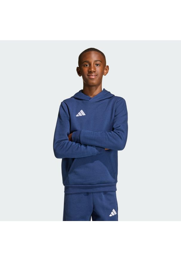 Adidas - Dziecięca bluza z kapturem Entrada26. Typ kołnierza: kaptur. Kolor: niebieski, wielokolorowy, biały. Wzór: aplikacja, haft. Sport: piłka nożna
