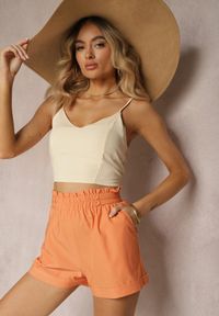 Renee - Pomarańczowe Szorty High Waist z Gumką w Pasie Kerpia. Okazja: na co dzień. Stan: podwyższony. Kolor: pomarańczowy. Materiał: bawełna. Styl: casual, elegancki