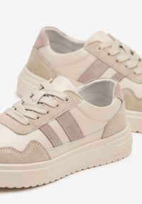 Renee - Beżowe Sneakersy ze Skóry Naturalnej Ozdobione Paskami Arabbela. Okazja: na co dzień. Zapięcie: pasek. Kolor: beżowy. Materiał: skóra. Wzór: aplikacja #4