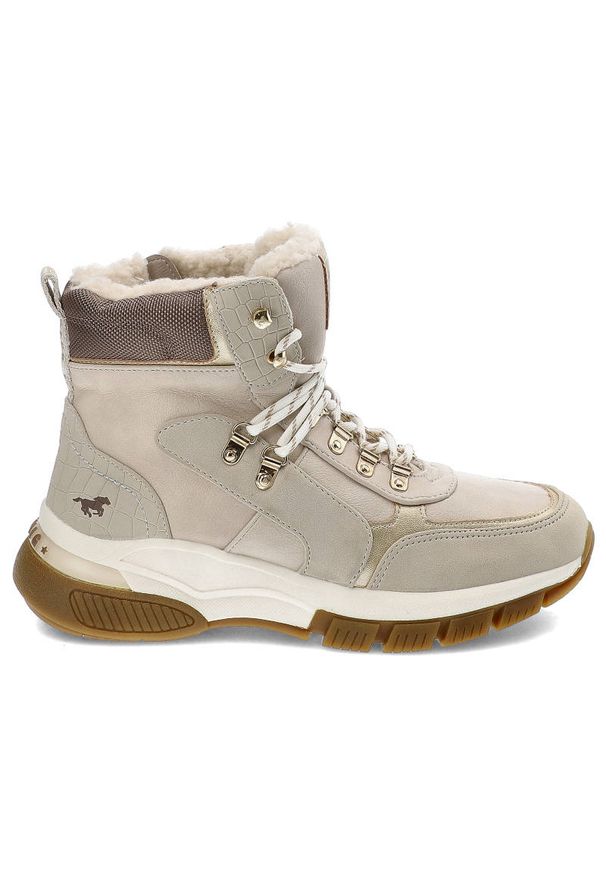 Beżowe Botki Mustang Damskie Ocieplane Obuwie. Kolor: beżowy. Materiał: futro, skóra ekologiczna, syntetyk. Szerokość cholewki: normalna. Sezon: zima. Obcas: na platformie. Styl: wakacyjny