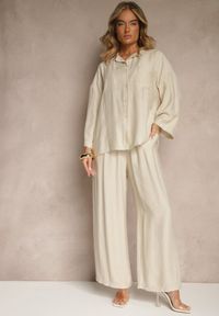 Renee - Beżowy Wiskozowy Komplet Oversize Koszula i Spodnie Wide Leg Zierana. Kolor: beżowy. Materiał: wiskoza