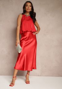 Renee - Czerwona Spódnica Satynowa High Waist Pillizze. Okazja: na co dzień. Stan: podwyższony. Kolor: czerwony. Materiał: satyna. Styl: casual, elegancki #5