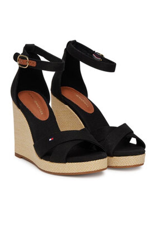 TOMMY HILFIGER - Tommy Hilfiger Sandały Flag High Wedge Espad Crisscross FW0FW08661 Czarny. Kolor: czarny. Materiał: materiał