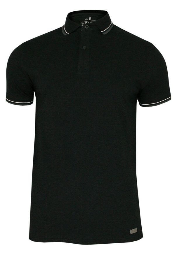 Czarna Elegancka Koszulka Polo, Męska, Krótki Rękaw -Just Yuppi- T-shirt, z Szarą Lamówką. Okazja: na co dzień. Typ kołnierza: polo. Kolor: wielokolorowy, szary, czarny. Materiał: bawełna, elastan. Długość rękawa: krótki rękaw. Długość: krótkie. Styl: elegancki