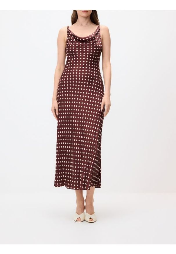 Reserved - Sukienka midi w groszki - brązowy. Kolor: brązowy. Materiał: wiskoza. Wzór: grochy. Typ sukienki: proste. Długość: midi