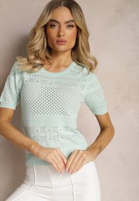 Renee - Miętowa Klasyczna Bluzka w Ażurowy Wzór Lidakra. Okazja: na co dzień. Kolor: miętowy. Materiał: jeans. Długość rękawa: krótki rękaw. Długość: krótkie. Wzór: ażurowy. Styl: klasyczny #5