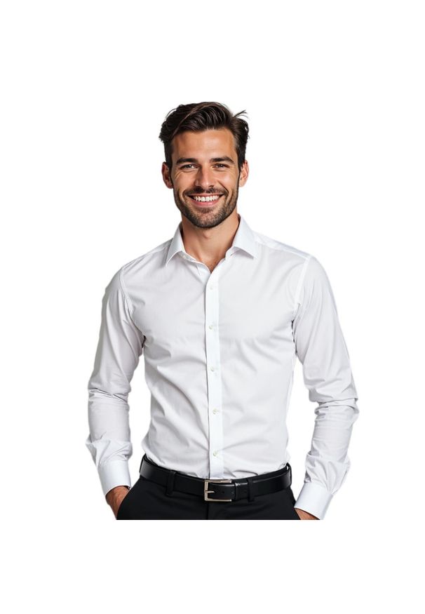 Biała gładka koszula męska z lycrą Modini Y100. Kolor: biały. Materiał: lycra. Wzór: gładki. Styl: klasyczny