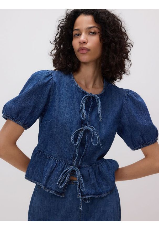 Reserved - Bluzka z wiązaniem - niebieski. Kolor: niebieski. Materiał: bawełna