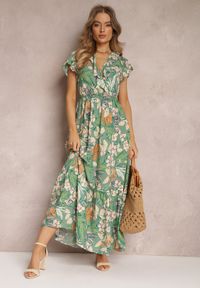 Renee - Zielona Sukienka z Wiskozy Maxi w Kwiaty Mahiza. Typ kołnierza: dekolt kopertowy. Kolor: zielony. Materiał: wiskoza. Długość rękawa: krótki rękaw. Wzór: kwiaty. Typ sukienki: kopertowe. Długość: maxi #4
