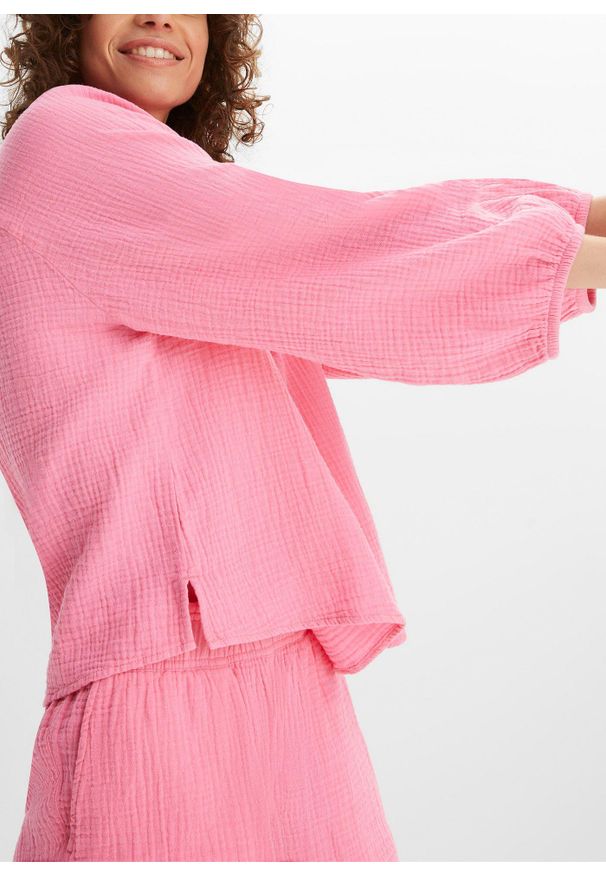 bonprix - Bluzka muślinowa oversize. Typ kołnierza: dekolt w serek. Kolor: różowy. Materiał: bawełna. Sezon: lato