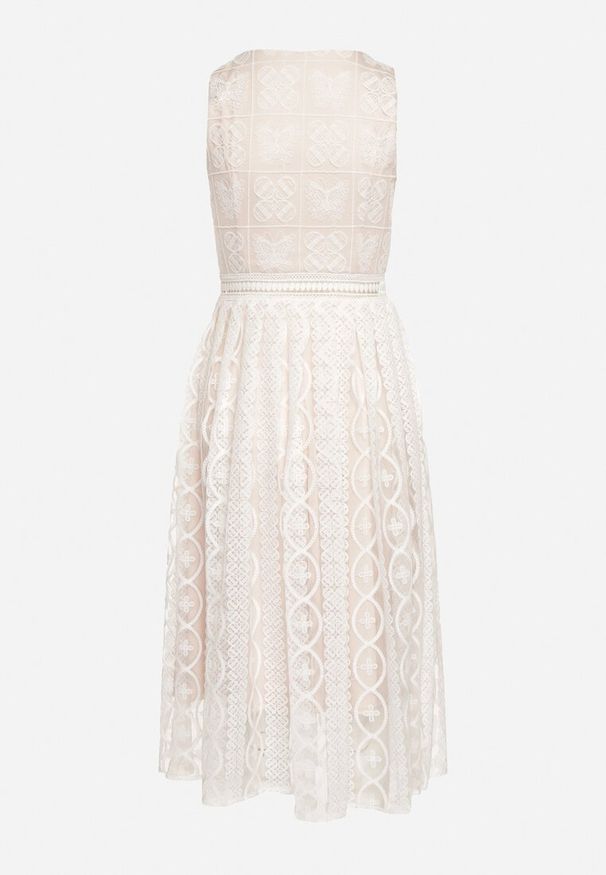 Born2be - Jasnobeżowa Rozkloszowana Sukienka z Plisowanym Dołem i Ozdobnymi Haftami Asorasia. Okazja: na co dzień. Typ kołnierza: dekolt w kształcie V. Kolor: beżowy. Materiał: skóra. Wzór: haft. Typ sukienki: plisowane. Styl: elegancki, casual