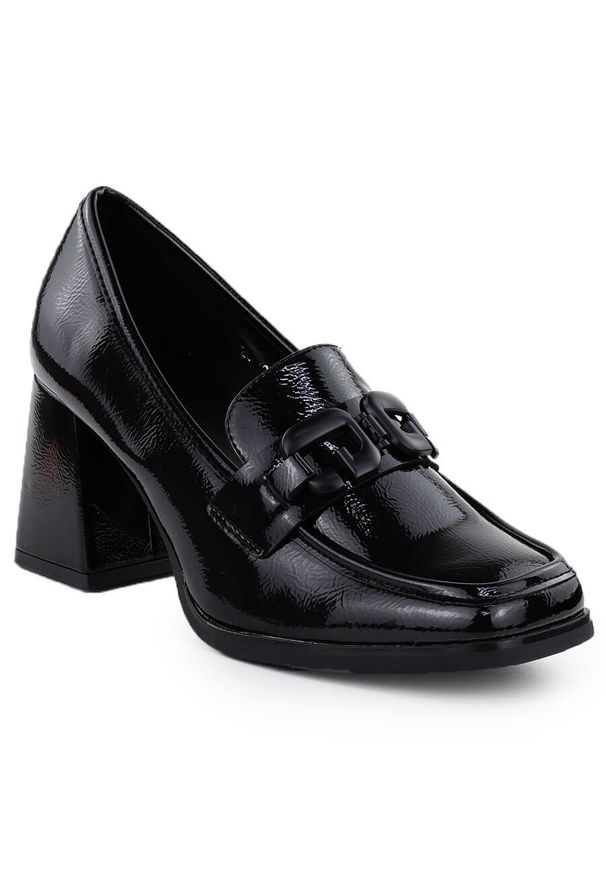 POTOCKI - Lakierowane półbuty damskie na słupku czarne Potocki SZ12553. Kolor: czarny. Materiał: skóra ekologiczna. Obcas: na słupku. Styl: elegancki. Wysokość obcasa: średni