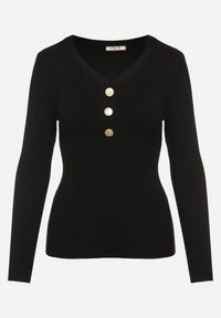 Born2be - Czarny Sweter z Bawełną z Prążkowanego Materiału Ozdobiony Guzikami Zinfera. Kolor: czarny. Materiał: bawełna, materiał, prążkowany. Wzór: aplikacja. Sezon: zima