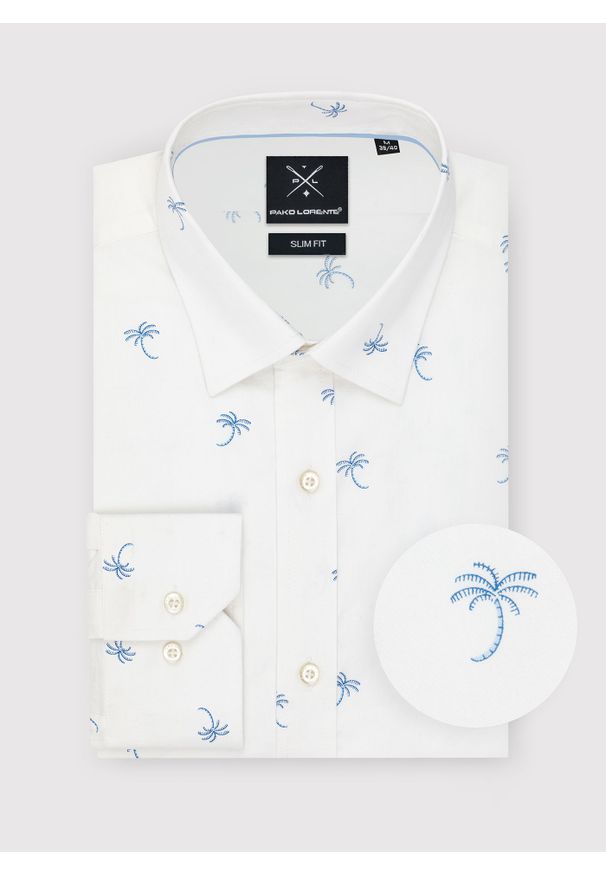 Pako Lorente - PAKO LORENTE – Biała męska koszula w palmy. Typ kołnierza: kołnierzyk klasyczny. Kolor: biały. Materiał: bawełna, elastan. Długość rękawa: długi rękaw. Długość: długie. Styl: klasyczny