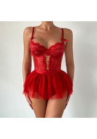 Intica - Komplet bielizny koronkowej z baskinką na romantyczne wieczory Sunnefa. Kolor: czerwony. Materiał: koronka. Wzór: koronka #9