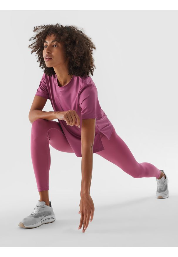 4f - 4F Legginsy treningowe ze średnim stanem damskie - różowe XS. Kolor: różowy. Materiał: syntetyk, materiał, elastan, włókno, dzianina. Wzór: jednolity, gładki, ze splotem. Sport: fitness