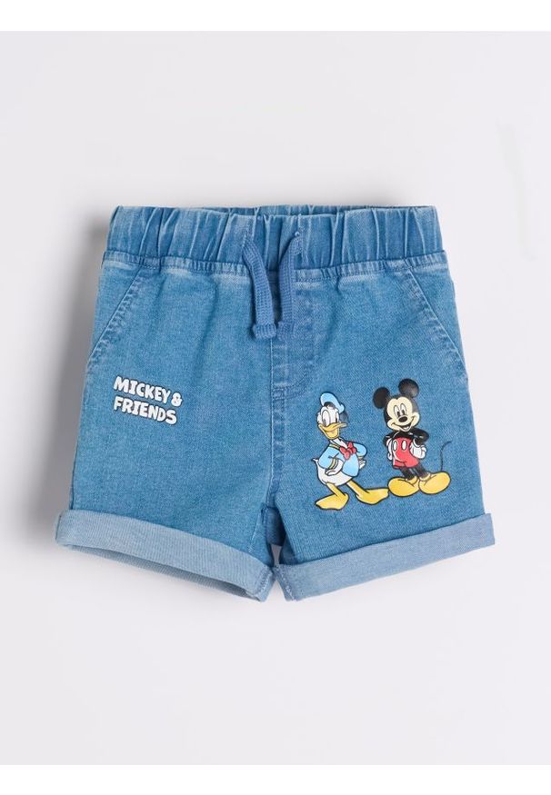 Sinsay - Krótkie jeansy Myszka Miki - niebieski. Kolor: niebieski. Materiał: jeans. Długość: krótkie