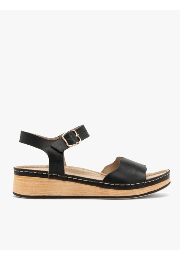 Ryłko - Czarne sandały damskie z platformą. Zapięcie: sprzączka. Kolor: czarny. Materiał: skóra. Sezon: lato. Obcas: na platformie. Styl: street, klasyczny, elegancki