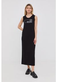 Love Moschino sukienka bawełniana kolor czarny maxi prosta. Okazja: na co dzień. Kolor: czarny. Materiał: bawełna. Wzór: aplikacja. Typ sukienki: proste. Styl: casual. Długość: maxi #3