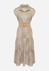 Born2be - Beżowa Sukienka Ozdobiona Plecionym Paskiem i Guzikami Filianea. Okazja: na co dzień. Kolor: beżowy. Materiał: jeans. Wzór: aplikacja. Styl: casual, elegancki #2