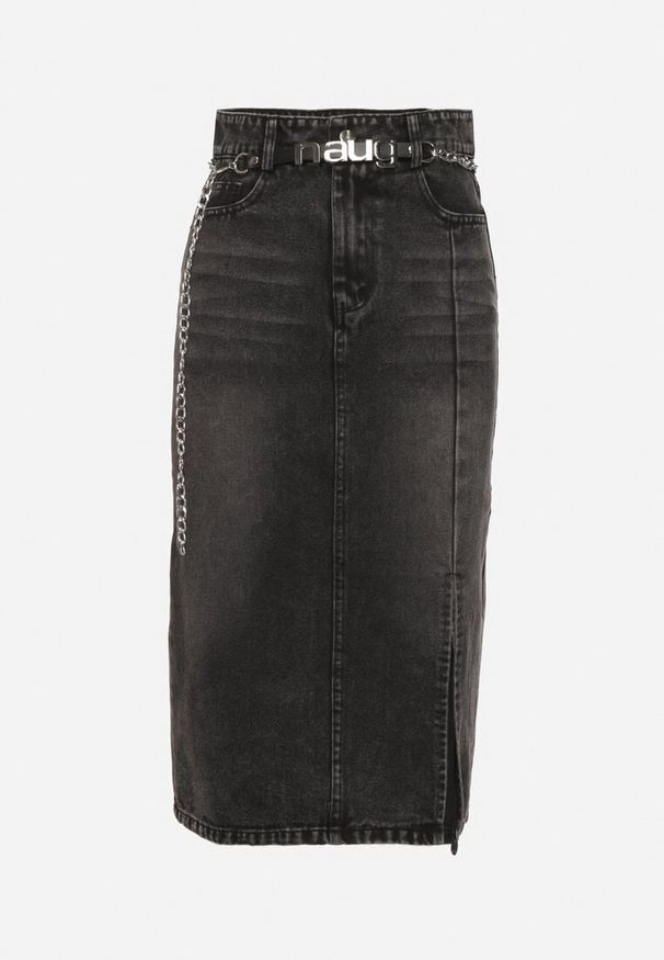 Born2be - Czarna Bawełniana Spódnica Jeansowa Ozdobiona Łańcuchem Lilisela. Okazja: na co dzień. Kolor: czarny. Materiał: jeans, bawełna. Wzór: aplikacja. Styl: elegancki, klasyczny, casual
