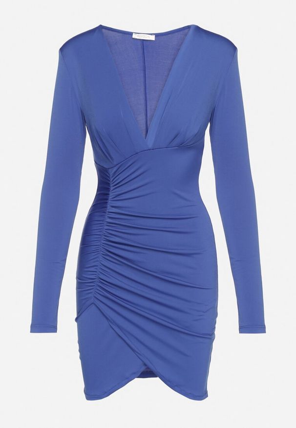 Born2be - Niebieska Sukienka Ozdobiona Marszczeniem z Usztywnionymi Ramionami Leatheris. Okazja: na co dzień. Typ kołnierza: dekolt w kształcie V. Kolor: niebieski. Materiał: skóra. Długość rękawa: długi rękaw. Wzór: aplikacja. Typ sukienki: proste. Styl: casual