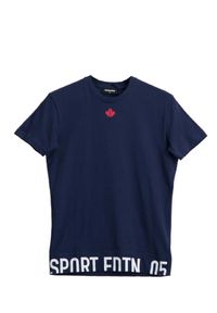 DSQUARED2 KIDS - Granatowy t-shirt z bawełny 4-16 lat. Kolor: niebieski. Materiał: bawełna. Długość rękawa: krótki rękaw. Wzór: nadruk, napisy. Sezon: lato. Styl: klasyczny, sportowy