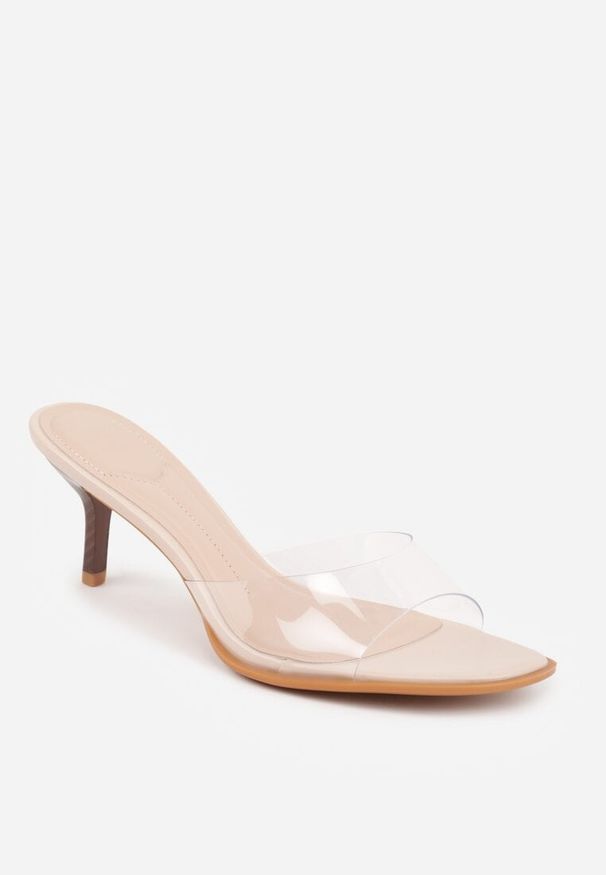 Renee - Beżowe Transparentne Klapki na Kaczuszce Helymna. Okazja: na co dzień. Kolor: beżowy. Materiał: jeans, skóra, koronka. Obcas: na szpilce. Styl: casual