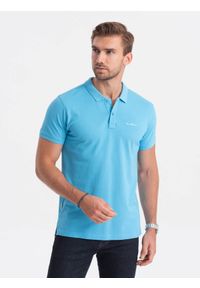 Ombre Clothing - Koszulka polo z dzianiny pique - niebieska V3. Typ kołnierza: polo. Kolor: niebieski. Materiał: dzianina. Wzór: haft