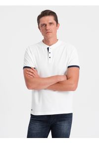 Ombre Clothing - Koszulka męska polo bez kołnierzyka - biała V1 - Rozmiar: L. Typ kołnierza: polo, bez kołnierzyka. Kolor: biały. Materiał: bawełna. Długość: długie #6