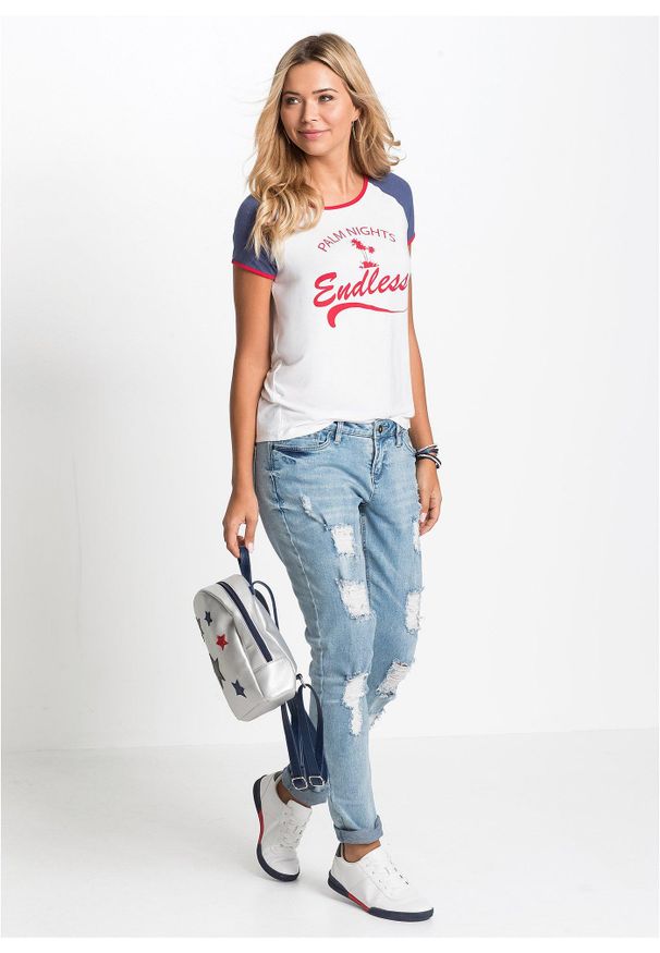 bonprix - T-shirt z miękkiej wiskozy. Kolor: biały. Materiał: wiskoza. Długość rękawa: raglanowy rękaw. Wzór: nadruk