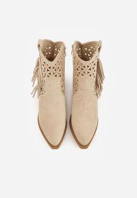 Born2be - Beżowe Botki Kowbojki na Stożkowym Obcasie z Ażurowym Wzorem i Eathetina. Okazja: na co dzień. Kolor: beżowy. Materiał: jeans. Wzór: ażurowy. Obcas: na obcasie. Styl: boho, casual, elegancki. Wysokość obcasa: średni #7