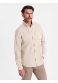 Ombre Clothing - Koszula męska lniana z klasycznym kołnierzykiem i kieszeniami REGULAR FIT – kremowa V3 - Rozmiar: XL. Okazja: na co dzień. Typ kołnierza: kołnierzyk klasyczny. Kolor: kremowy. Materiał: len. Długość: długie. Wzór: aplikacja. Sezon: wiosna, lato. Styl: klasyczny #6