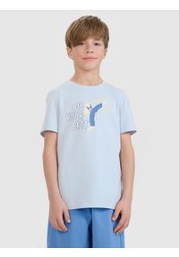 4f - 4F T-shirt regular z nadrukiem chłopięcy - niebieski 164 (13-14 lat). Okazja: na co dzień. Kolor: niebieski. Materiał: dzianina, bawełna, jersey. Długość rękawa: krótki rękaw. Długość: krótkie. Wzór: nadruk. Sezon: lato. Styl: casual, klasyczny, sportowy