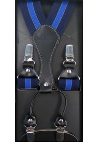 Modini - Granatowe szelki męskie z niebieskim paskiem SZ30. Kolor: niebieski. Materiał: skóra, guma #1