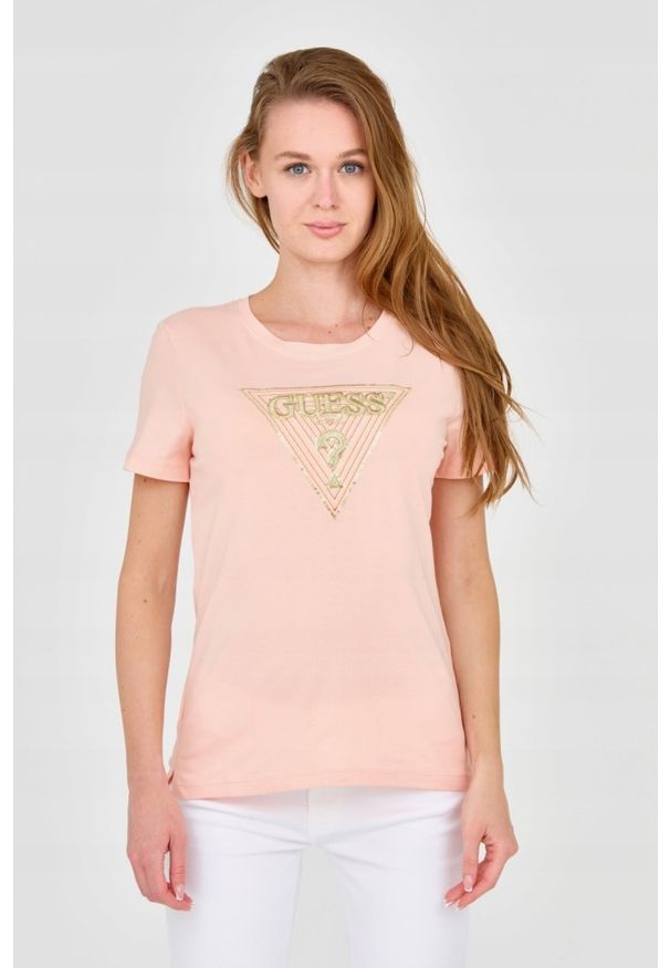 Guess - GUESS Damski t-shirt z dużym zdobionym logo. Kolor: pomarańczowy. Materiał: bawełna. Wzór: aplikacja