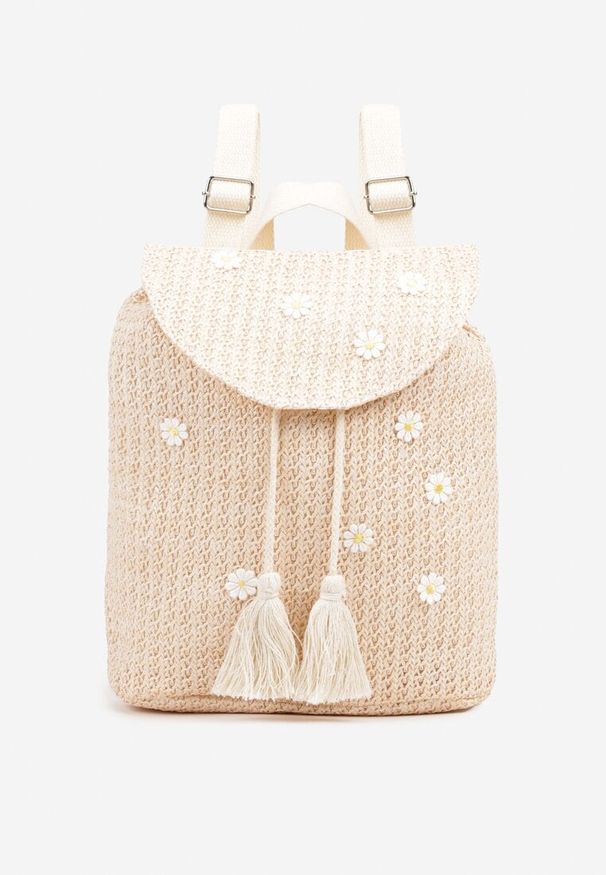 Born2be - Beżowy Plecak z Plecionki w Kwiaty z Klapą i Frędzlami Lunilia. Kolor: beżowy. Materiał: jeans. Wzór: kwiaty. Styl: elegancki, casual