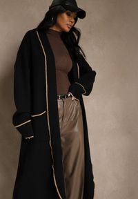 Renee - Czarny Niezapinany Kardigan o Długim Kroju z Lamówką Venisse. Okazja: na co dzień. Kolor: czarny. Materiał: jeans. Długość: długie. Styl: casual, klasyczny #1