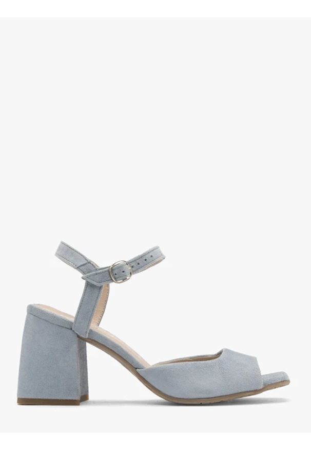 Ryłko - Niebieskie sandały na masywnym słupku. Kolor: niebieski. Materiał: skóra, welur. Obcas: na słupku. Styl: street. Wysokość obcasa: średni