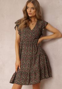 Renee - Czarna Sukienka Phaerica. Typ kołnierza: kołnierz z falbankami. Kolor: czarny. Wzór: kwiaty, nadruk, kolorowy. Styl: klasyczny. Długość: mini