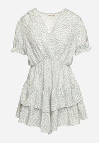 Born2be - Biało-Zielona Sukienka Mini z Falbankami i Kopertowym Dekoltem z Gumką w Talii Isarola. Typ kołnierza: kołnierz z falbankami. Kolor: biały. Wzór: kwiaty. Sezon: lato. Typ sukienki: kopertowe. Długość: mini #4