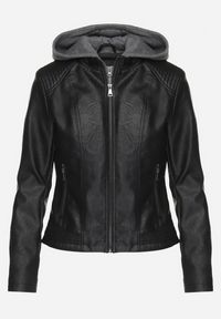 Born2be - Czarna Kurtka Ramoneska o Taliowanym Kroju z Odpinanym Kapturem Imitującym Bluzę Ivalani. Okazja: na co dzień. Kolor: czarny. Materiał: jeans. Styl: casual, klasyczny, sportowy #2