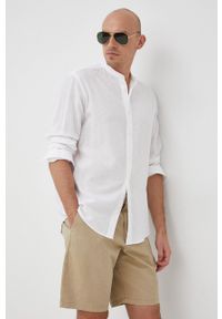 Liu Jo koszula z domieszką lnu męska kolor biały regular ze stójką. Typ kołnierza: kołnierzyk stójkowy. Kolor: biały. Materiał: len. Długość: długie